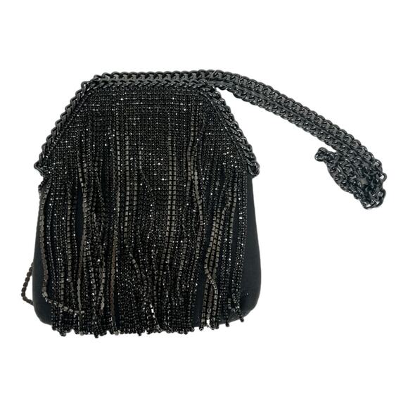 NWT Jessica McClintock Chrissy Black Curtain Rhinestone Fringe Clutch - Picture 5 of 7